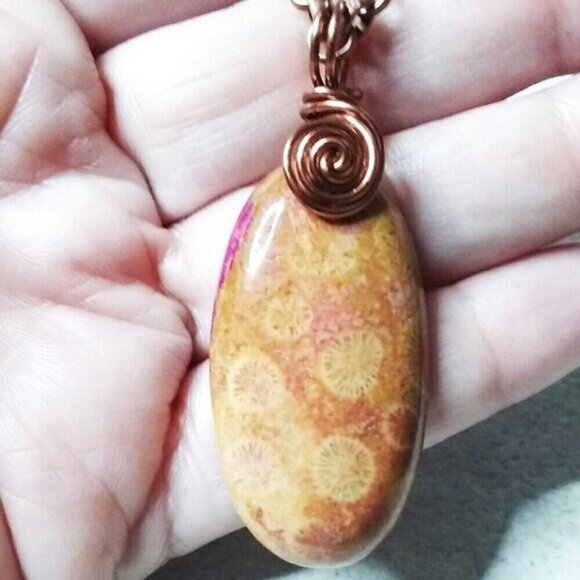 Wire Wrapped!!! Mango + Tangerine Hues! Chrysanthemum Fossil Pendant + 20" Chain - Picture 6 of 9